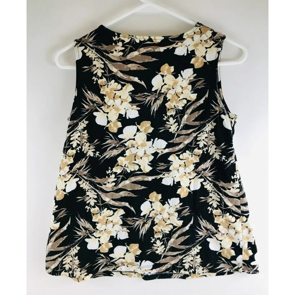 Croft&Barrow Shirt Women's Size S Black Tan V-neck Embroidered Floral Sleeveless - Picture 2 of 9